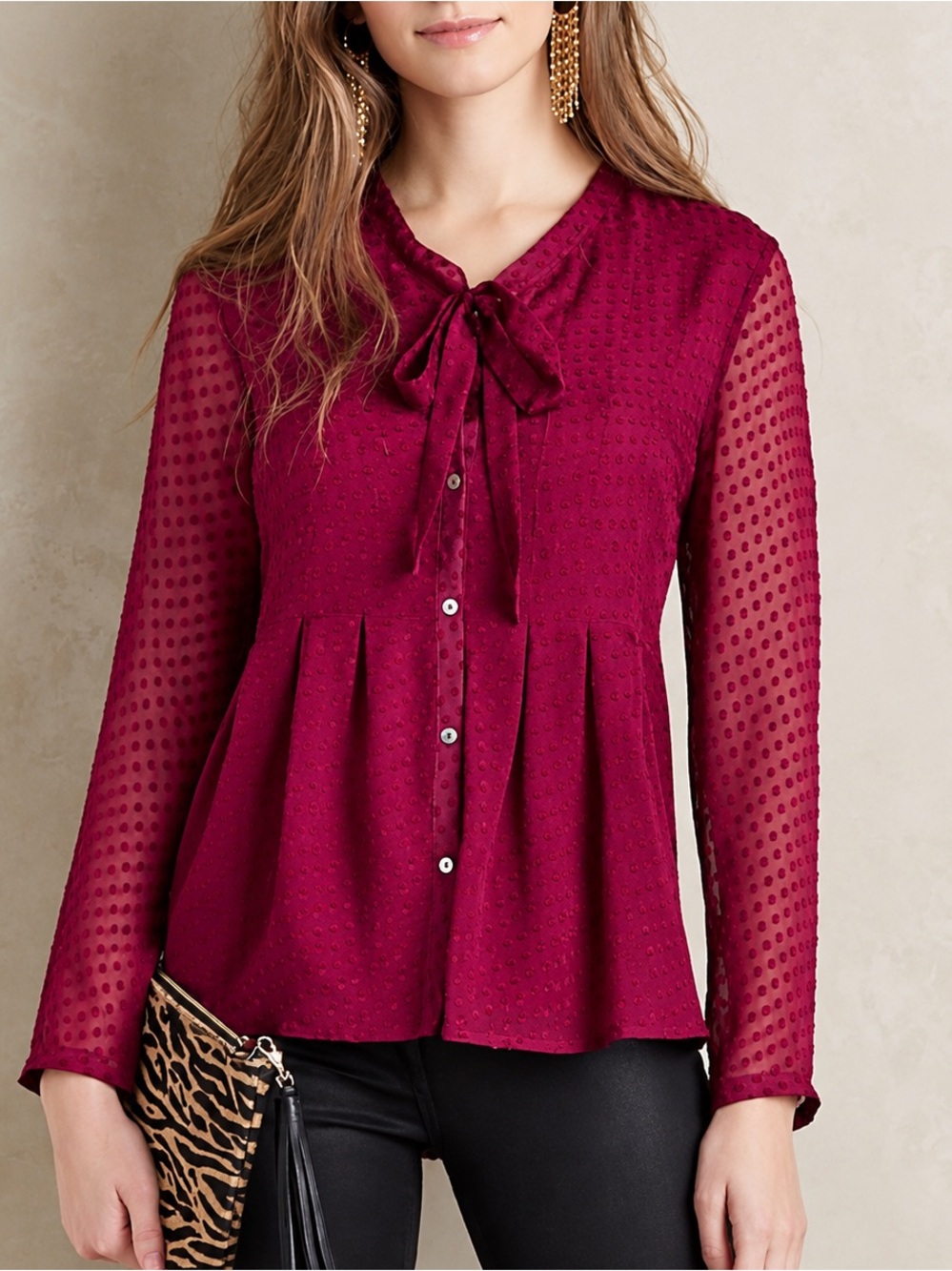 Anthropologie Meadow Rue Silk Burgundy Chiffon Clipdot Tie Neck Top Boho Size S